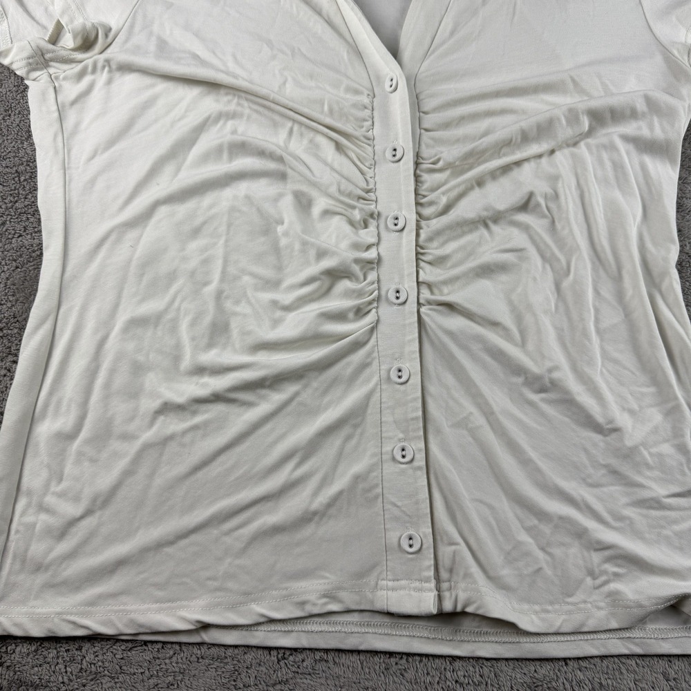 MODERN WORKS Ruched Fitted Short Sleeve Button Up Shirt Womens Medium White - Picture 2 of 13